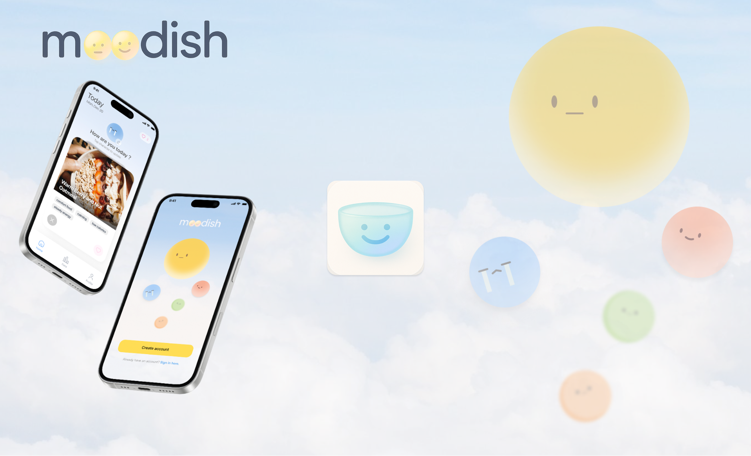 Moodish hero scene with floating app screens and mood characters in the clouds